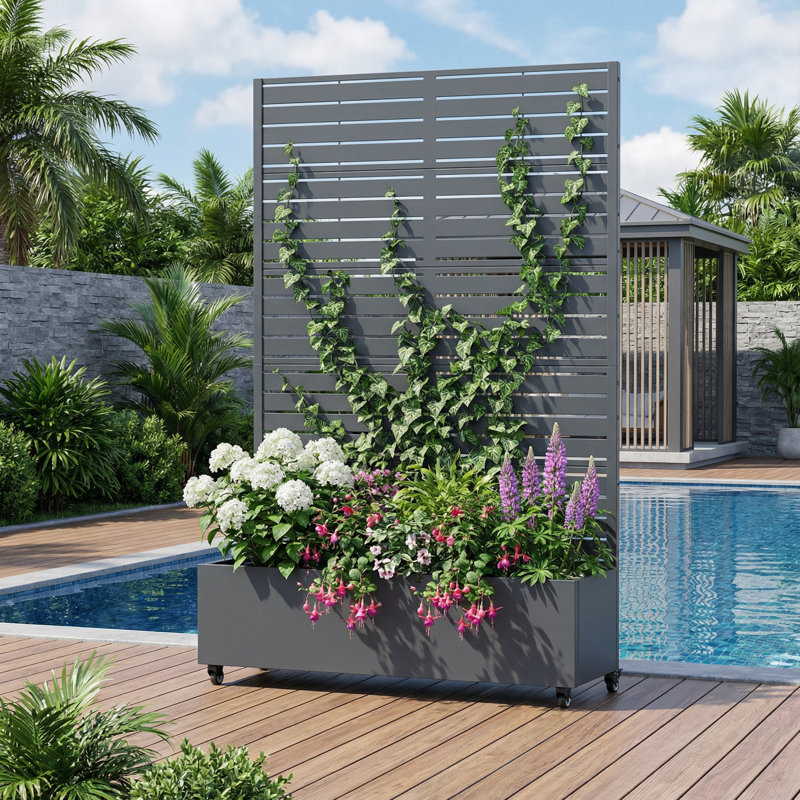 Boîte à fleurs en métal avec roues Eulau, Gris foncé, 72" H x 47" W x 16" D