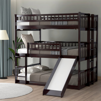 Full-Over-Full-Over-Full Triple Bed With Built-In Ladder And Slide , Triple Bunk Bed With Guardrails (Bed)