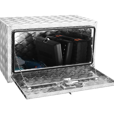 Boîte de camion 30 po 14 po 16 po Plateau de rangement en aluminium résistant à l'eau avec loquet et clés de verrouillage pour ranger l'équipement de chasse Corrosion en alliage d'aluminium argenté - idéal pour les outils extérieurs