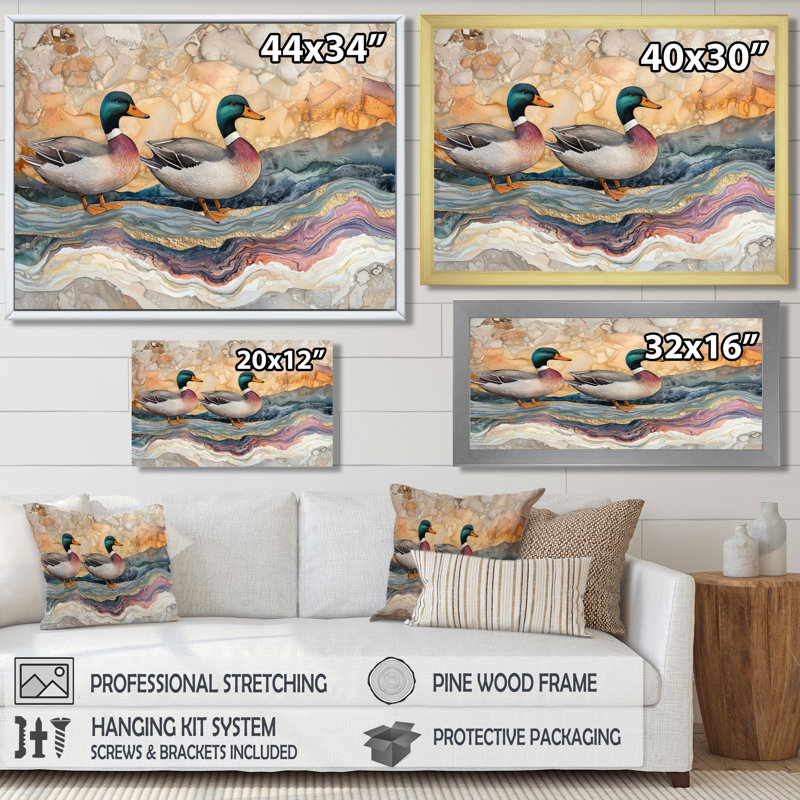Dorin Ducks Family At The Lake Landscape IV - Art mural sur toile Duck, Reproduction encadrée d'une seule photo