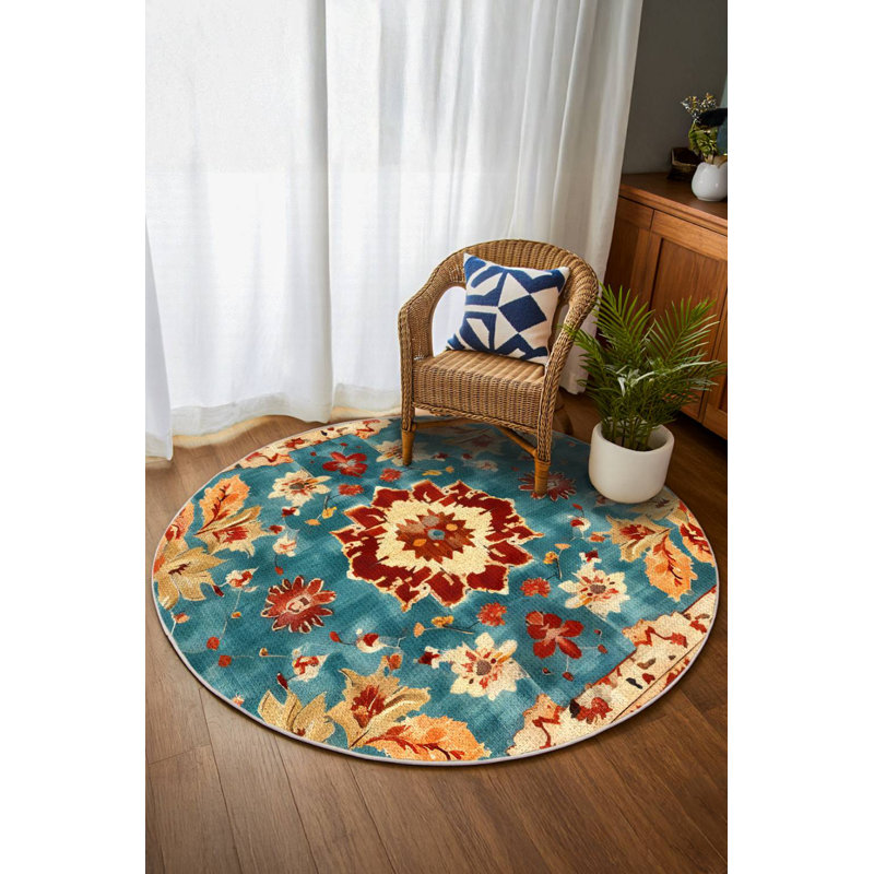 Larissa Collection Digital Print Cotton-Polyester Blend Rug – Teal & Red, Runner 3'4" x 11'6"