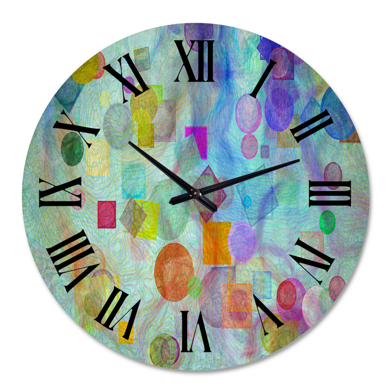 Horloge murale moderne avec impression géométrique bleu-vert et violet sur fond turquoise, Médium