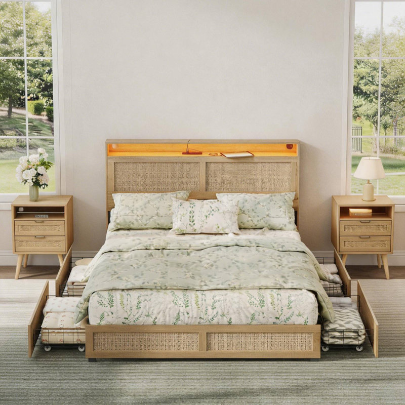 Queen Size Boho Bed Frame With Rattan Hidden Storage Headboard And 2 Halitaa Rattan Nightstands With Charging Station, Usb Port, Led Lights & 2 Storage Drawers Each