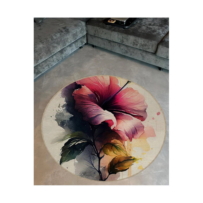 Decorative Carpet With Colorful Flower Details And Watercolor Look, Round 2'8"