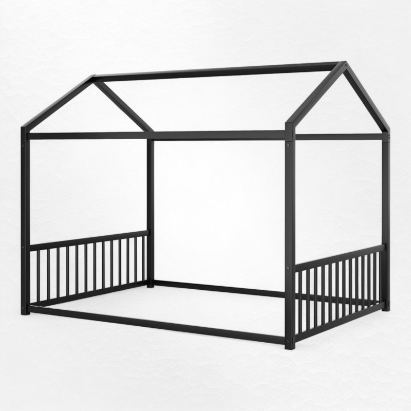 Metal Canopy Bed Floor House Bed, Black, Full