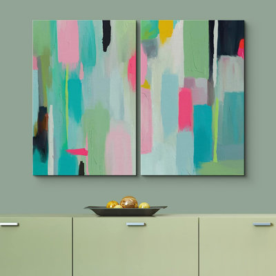 Signature signée, impression sur toile, ensemble d'art mural vert, rose, pastel, rayures, collage, formes abstraites, art numérique, art moderne, décor minimaliste relaxant / zen pour le salon, la chambre à coucher, le bureau