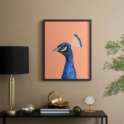 Peach Peacock Portrait II Framed Print - Solid Wood