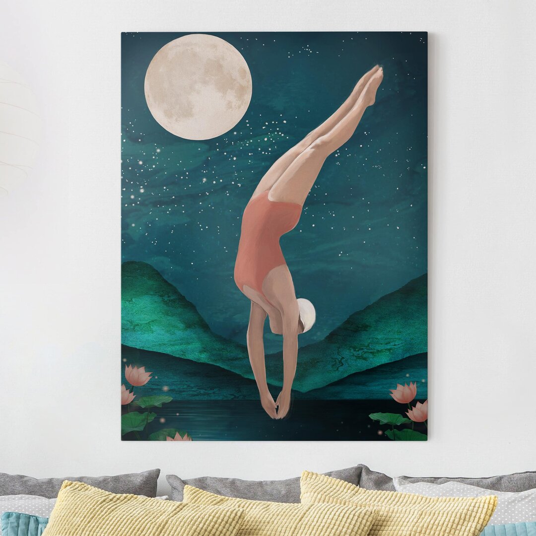 Leinwandbild Illustration einer badenden Frau im Mond