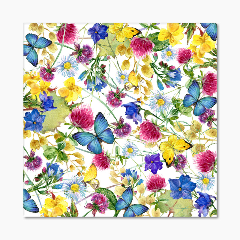 Herbes et fleurs avec papillon, H 16 po x l 16 po x P 1 po, Toile tendue