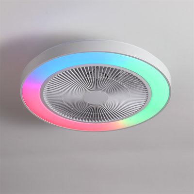 Ventilateur de plafond encastré RVB intelligent avec éclairage DEL, profil bas, rond et fermé, moteur CC réversible, 6 vitesses, compatible avec application et commande vocale (Alexa et Google Assistant) pour chambre et salon.