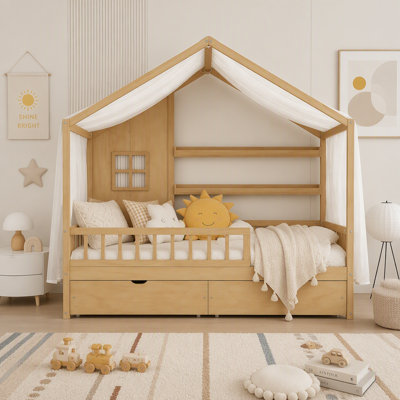 Lit double avec rideaux, tiroirs de rangement et garde-corps Kids