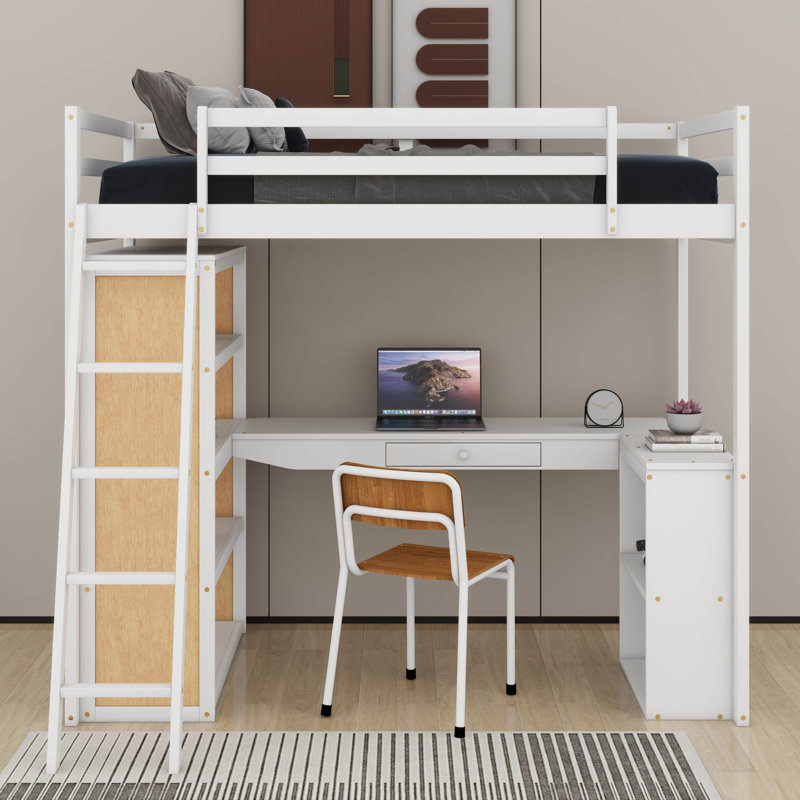 Lit mezzanine simple avec échelle, tablettes et bureau