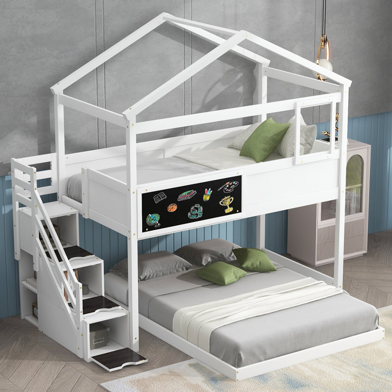  Lit superposé simple au dessus d'une maison double avec escalier de rangement et tableau noir, blanc, Blanc