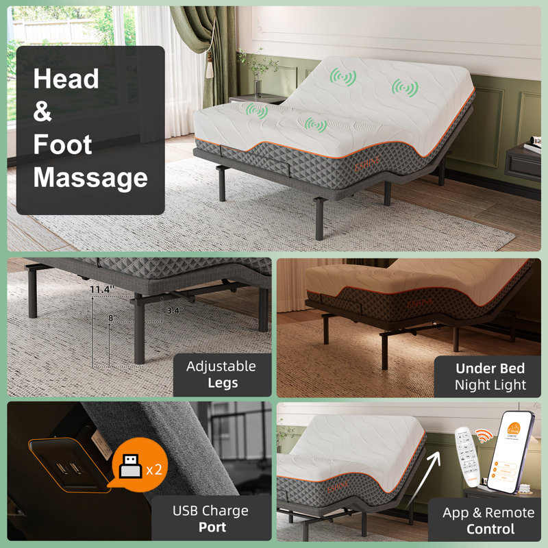 Lit réglable avec matelas hybride de 12 po, massage, télécommande sans fil, contrôle des applications, gravité zéro, éclairage sous le lit, ports USB et de type C des deux côtés