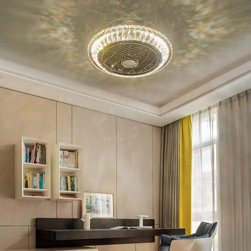 Crystal Bladeless Ceiling Fan Light,Ceiling Fan with Lights Remote Control,Low Profile Ceiling Fan, Silver