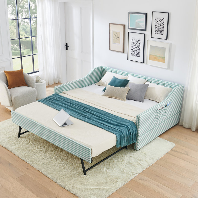Lit de jour double, canapé-lit convertible rembourré avec dossier capitonné, utilisation polyvalente 3-en-1 avec lit gigogne escamotable et rangement latéral, idéal pour les espaces de vie compacts