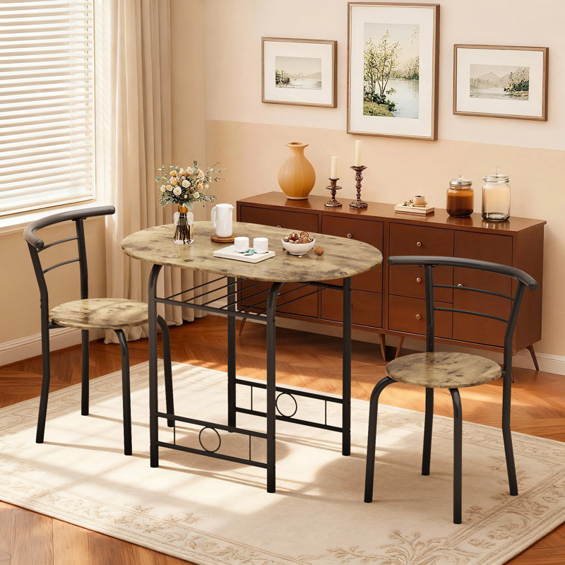 2-Person Dining Set with Storage Shelf, Space-Saving Design, Brown/Black