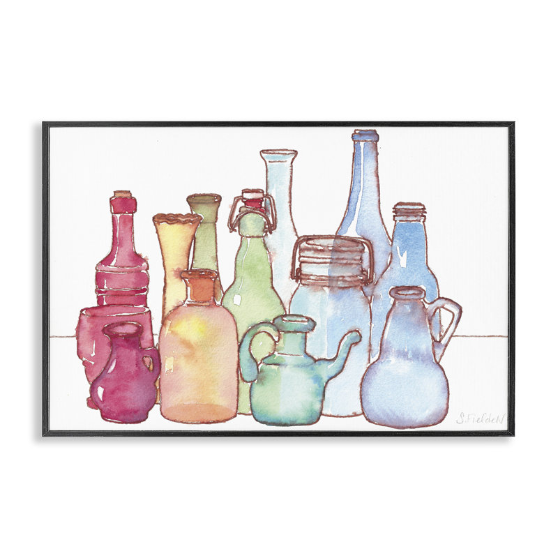 Collection de vases colorés, estampe numérique, design par Stephanie Fielden, H 12 po x l 18 po, Giclée encadrée noir minuit