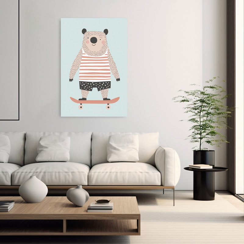 Cute Bear On Skateboard Playful Contemporary Bear Summer Wall Art Print 1 Piece Wrapped Canvas Wall Art