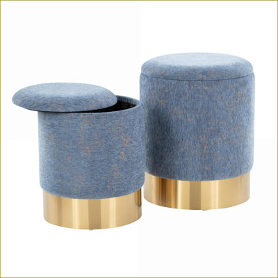 Ottomans 2-Piece Contemporary Nesting Set - Navy Blue Plush Fabric | Gold Metal Base | Gold | Metal