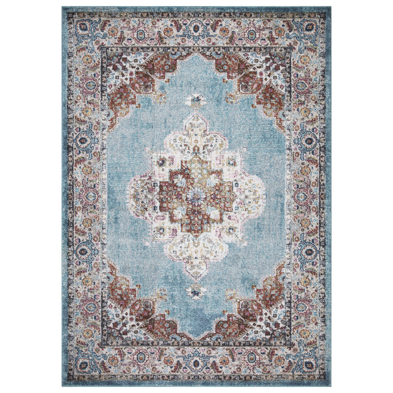 Power Loomed Performance Blue Medallion Rug, Rectangle 6'7" x 9'3"