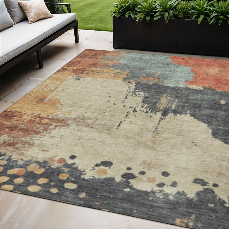Tapis extérieur lavable abstrait beige et gris anthracite 5 pi x 8 pi