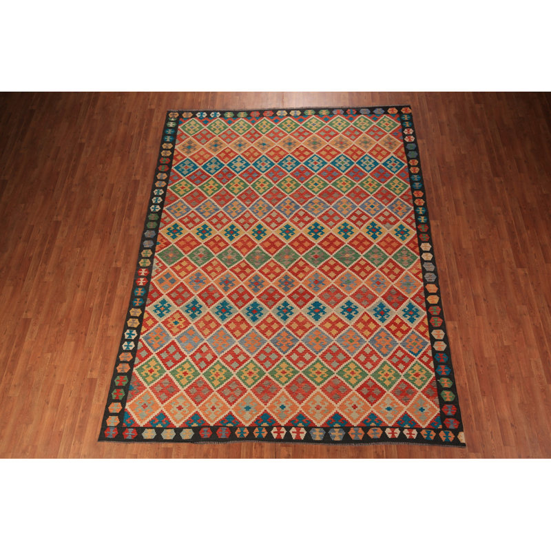 Tapis en laine tissé à plat à motif treillis 9 x 11