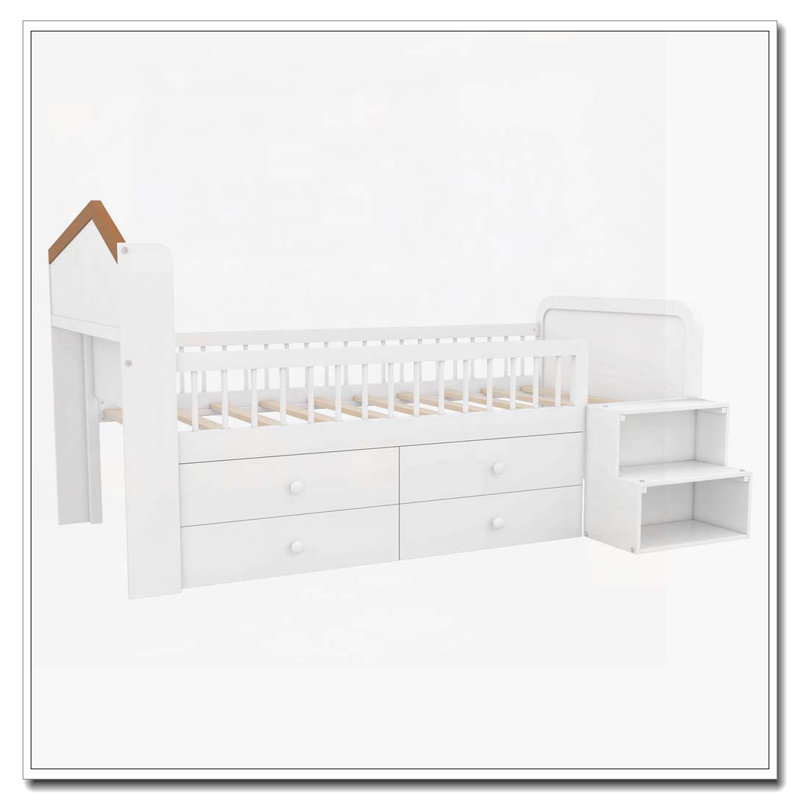 Lit de rangement en bois en forme de maison avec lumières DEL, tiroirs, Blanc
