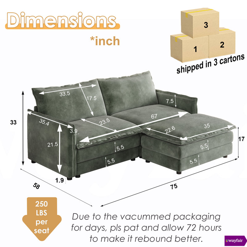  Shugar  75"W Stylish Corduroy Modular Sectional With One Ottoman, Green Conduroy