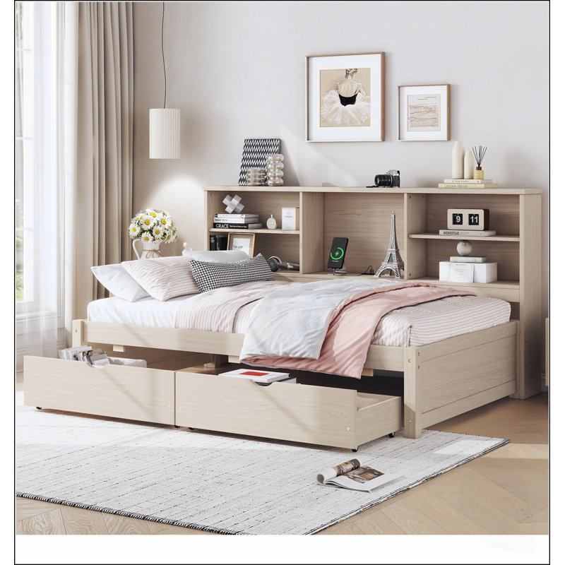 Cadre de lit simple avec tablettes latérales, deux tiroirs et port USB intégré pour un style de vie moderne, Natural