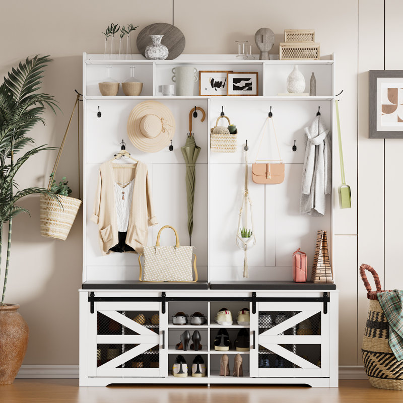 Arbre d'entrée avec banc et rangement pour chaussures, banc d'entrée de ferme avec portemanteau, rangement polyvalent pour la maison, portes de grange coulissantes, solution d'entrée avec sièges et crochets