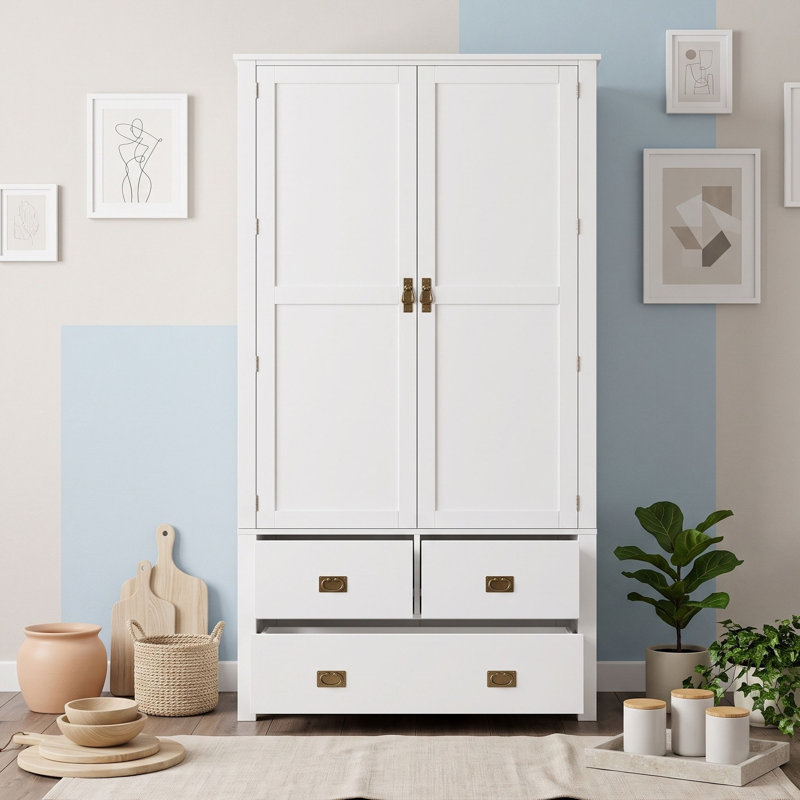 Armoire de cuisine autoportante haute avec casier à vin, tablettes de porte, étagères réglables, tiroirs de rangement et portes à fermeture amortie.