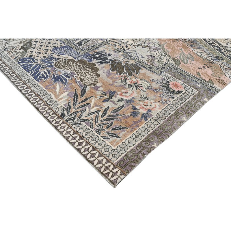 High-Quality Hand-Knotted Beige And Green Area Rug, Rectangle 8' x 10', Beige and Multi