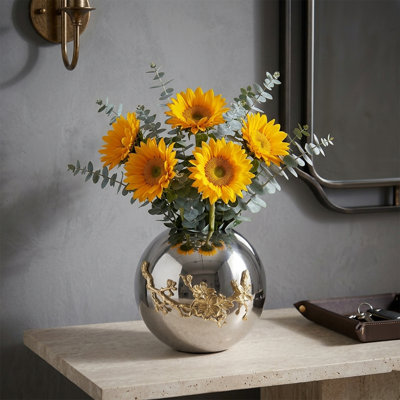 Vase en forme de globe argenté avec accents floraux dorés - Vase en métal poli miroir poli