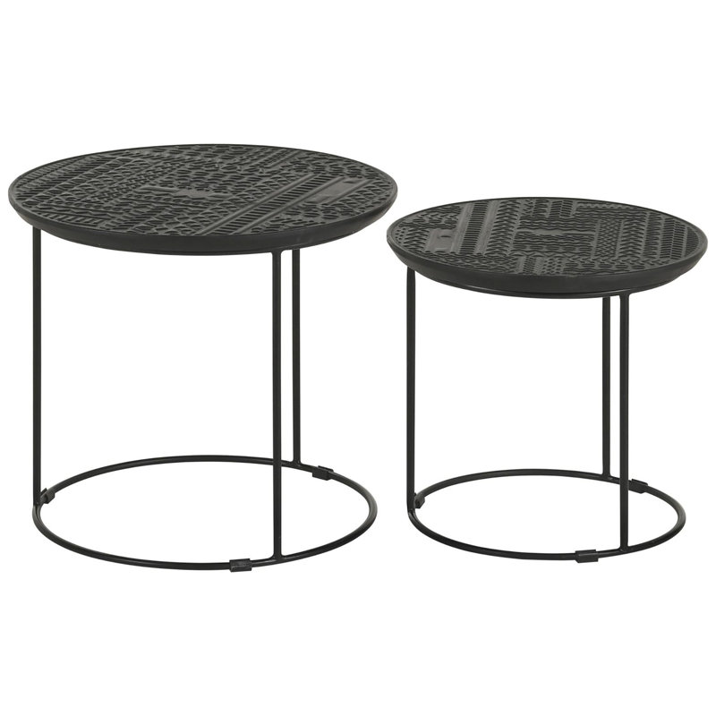 2 tables gigognes en noir mat, surface en bois de manguier, base en métal, tables de décor moderne de salon noir, surfaces et cadres, fonctionnel pour la maison