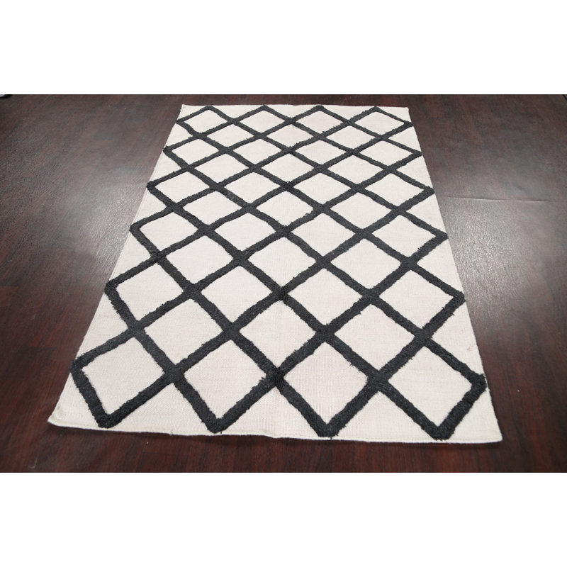 Kilim fabriqué à la main à motif géométrique noir/Ivoire Tapis décoratif, Rectangle 4 pi x 6 pi
