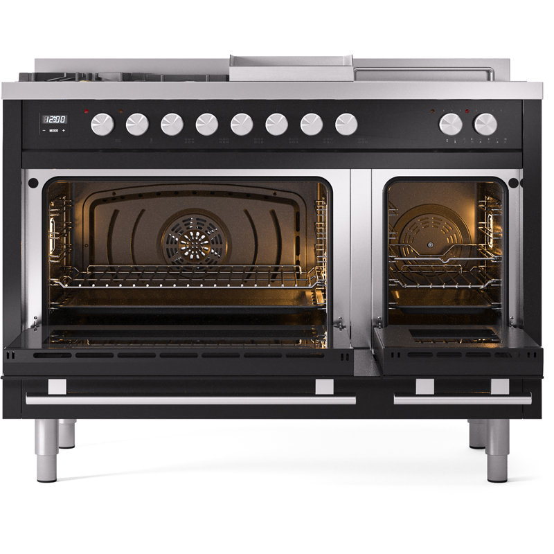 ILVE ProfessionalPlus II 48 Dual Fuel Range, knobs, Glossy Black, Liquid Propane