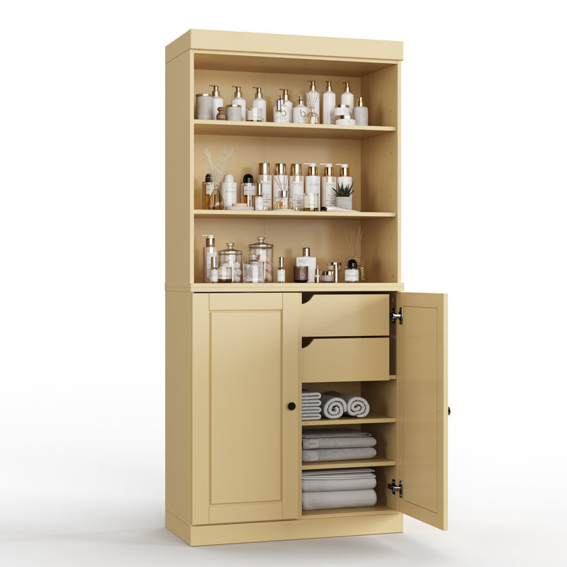 32" 100% Solid Wood Freestanding Bathroom Cabinet with Solid Doors, 2 Drawers & Adjustable Shelves – Modern Bathroom Storage