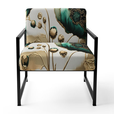 Gold And Green Poppy Floral Euphoria I - Upholstered Farmhouse Arm Chair, Poppy Floral Accent Chair