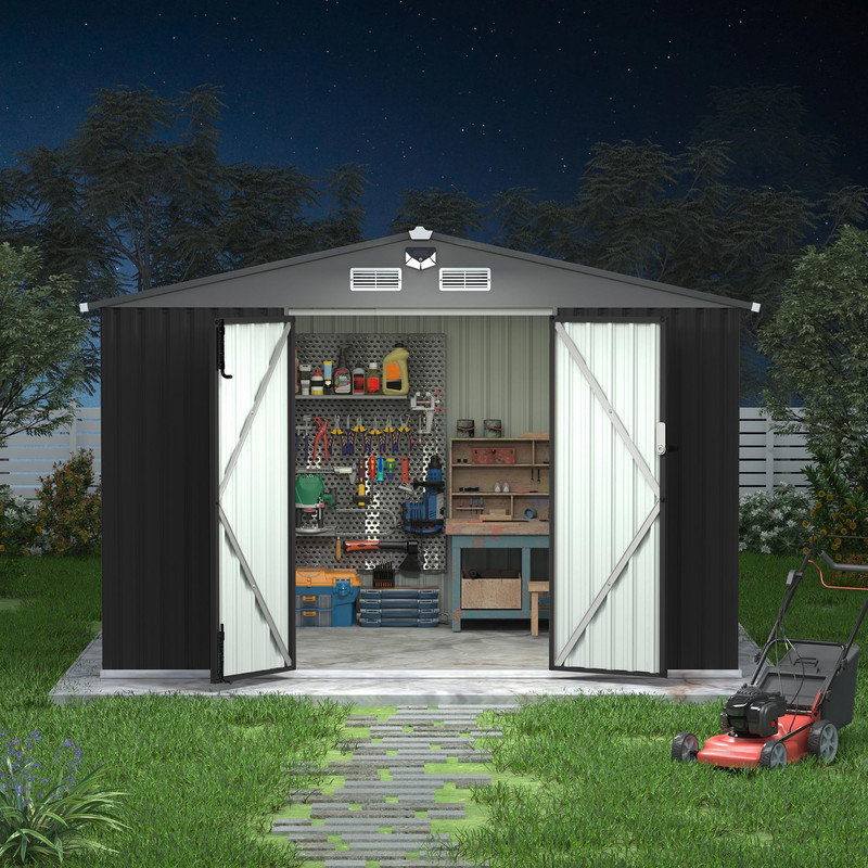Remise de rangement extérieure en métal 8 x 10 pi - Acier galvanisé, portes doubles verrouillables, remise de jardin résistante aux intempéries pour la cour et le patio, gris foncé