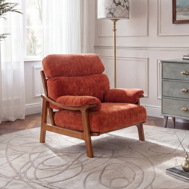 Chaise d'appoint Mid-Century avec structure en bois massif et coussins amovibles, Orange