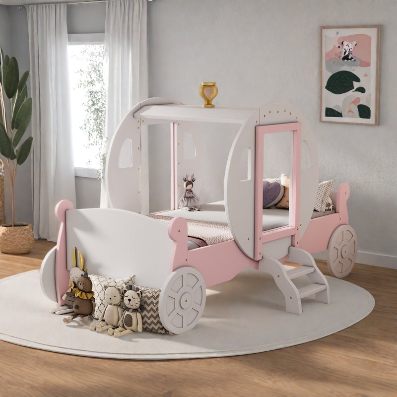 Kids Car Bed With Ladder, White/Pink