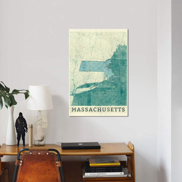 « massachusetts map », reproduction d’impression sur toile, H 40 po x l 26 po x P 1,5 po, Toile tendue, Pas de tapis