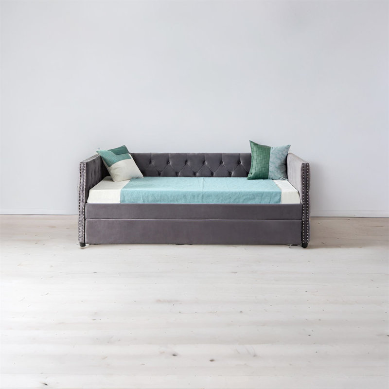Lit de jour rembourré Leandra, Simple, Lit gigogne inclus, gris