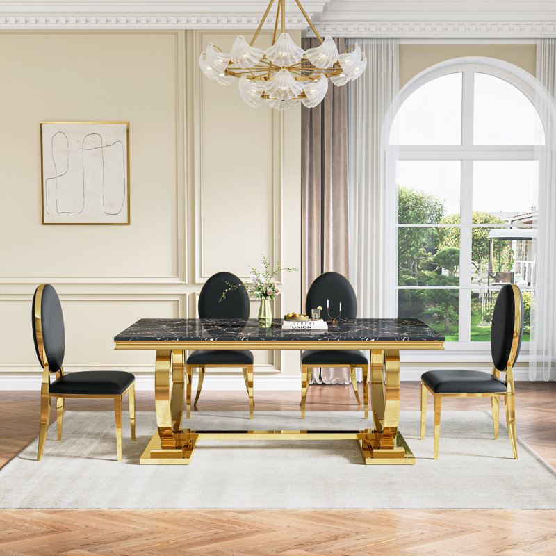 Modern Dining Room Set, Faux Marble Tabletop Kitchen Dining Table Set With Upholstered Chairs, Black/Gold, Black/Gold