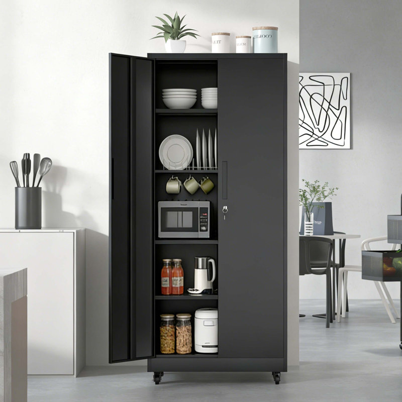 Heavy Duty Rolling Garage Storage Cabinet with Lockable Wheels, 4 Adjustable Shelves, and 3-Point Security Lock for Secure Tool Organization.