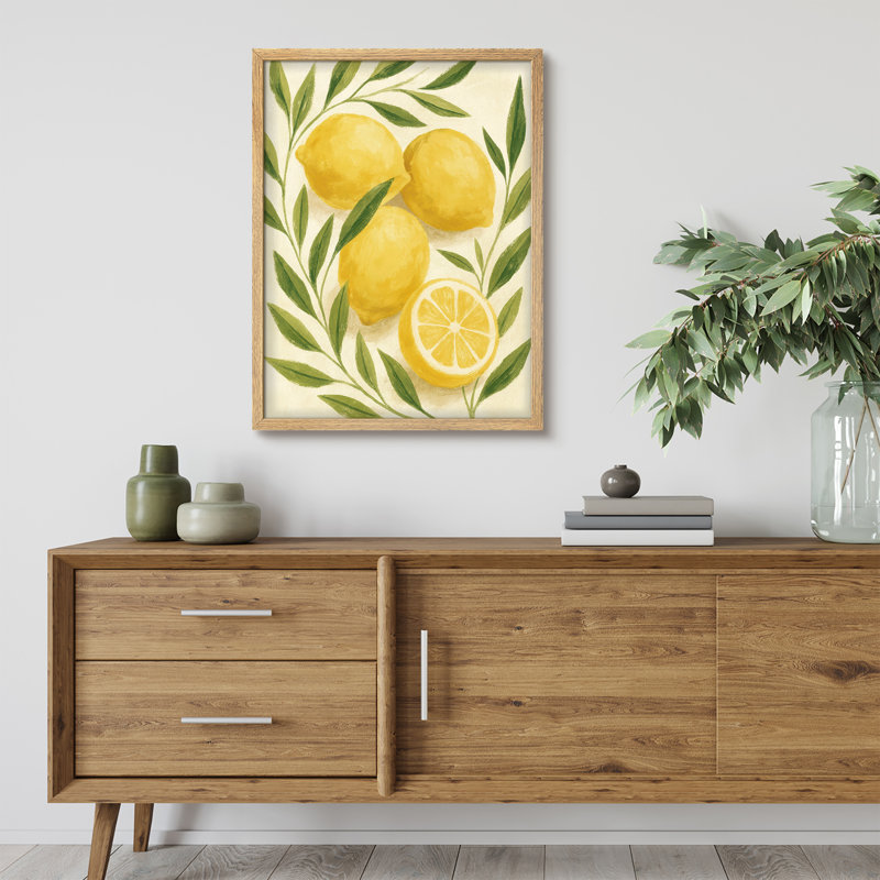 Art mural encadré botanique citron - impression d'agrumes jaunes frais pour la cuisine ou la salle à manger, Naturel