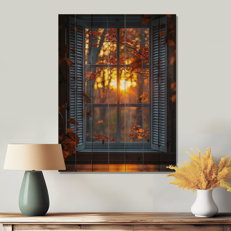 «Window In The Forrest Sunrise» - Décoration murale en bois à motif floral sur bois de pin naturel