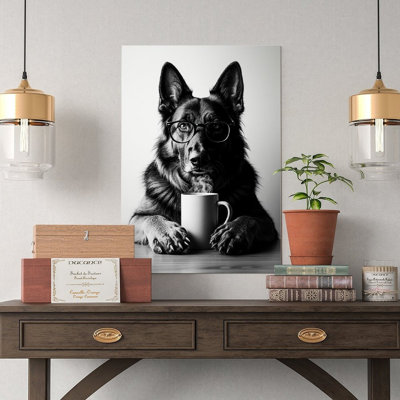 Canvas Wall Art German Shepherd Dog Drinking Coffee Poster-1 Vintage Poster Print Home Decor