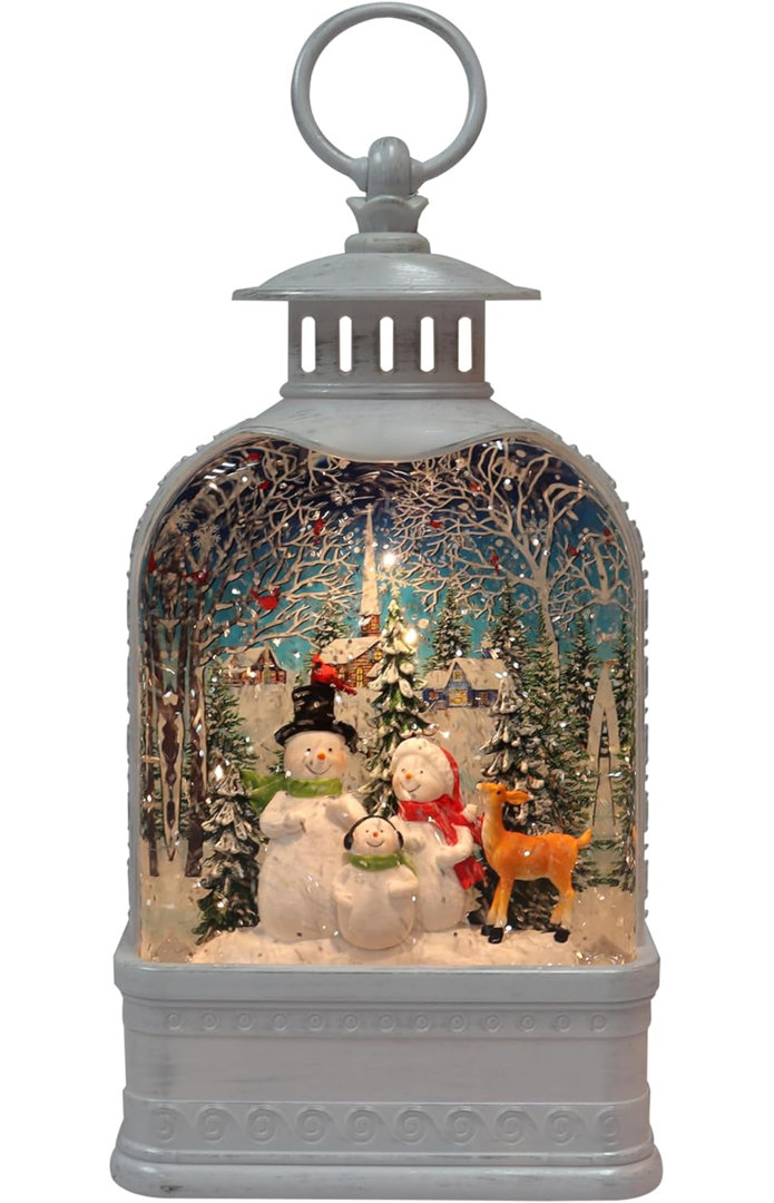 9.5“H Acrylic Lantern w/ Snowman Family - LED, Water Spinning Glitter, Battery - Hand-Painted Resin Moments in Time